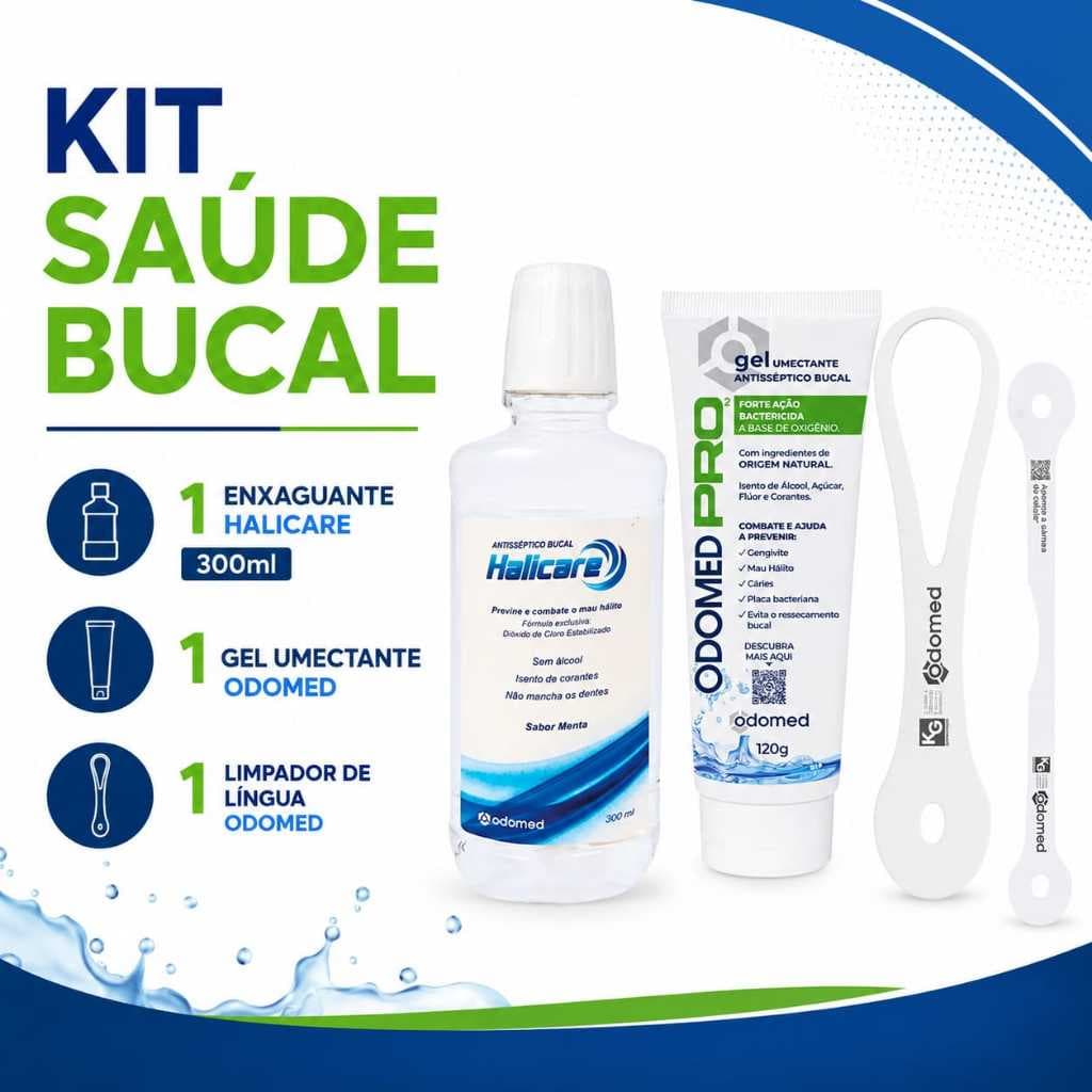 Kit Halicare Odomed Enxaguante 300ML+Gel Umectante+ Limpador de Lingua (3 Itens)
