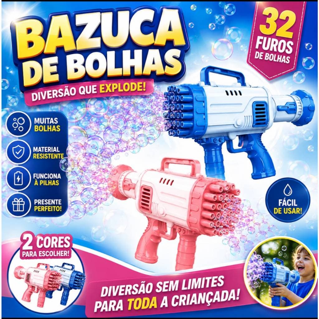 Bazuka Bolhas de Sabao Infantil Maquna de Bolhas Automatica 32 Furos Brinquedo Presente Crianças
