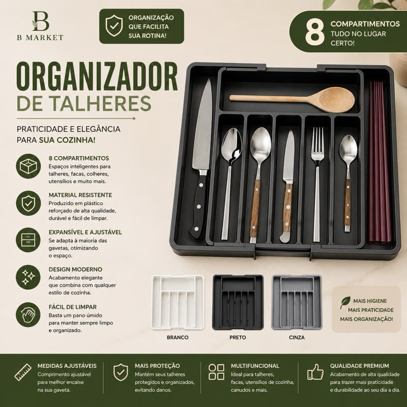 Organizador de Gaveta Expansível para Utensílios e Talheres - Espaço Expansível e Ajustável