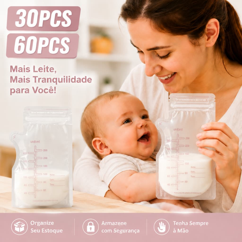 Saquinho conservador de leite materno transparente com escala de medição, pacote com 30/60 PCS, prático e fácil de-P1