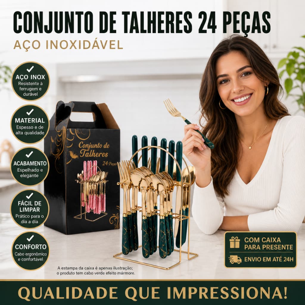 Jogo de Talheres Luxo 24 Peças Aço Inoxidável Dourado, Cabo Efeito Mármore com Suporte, Ideal para Presente