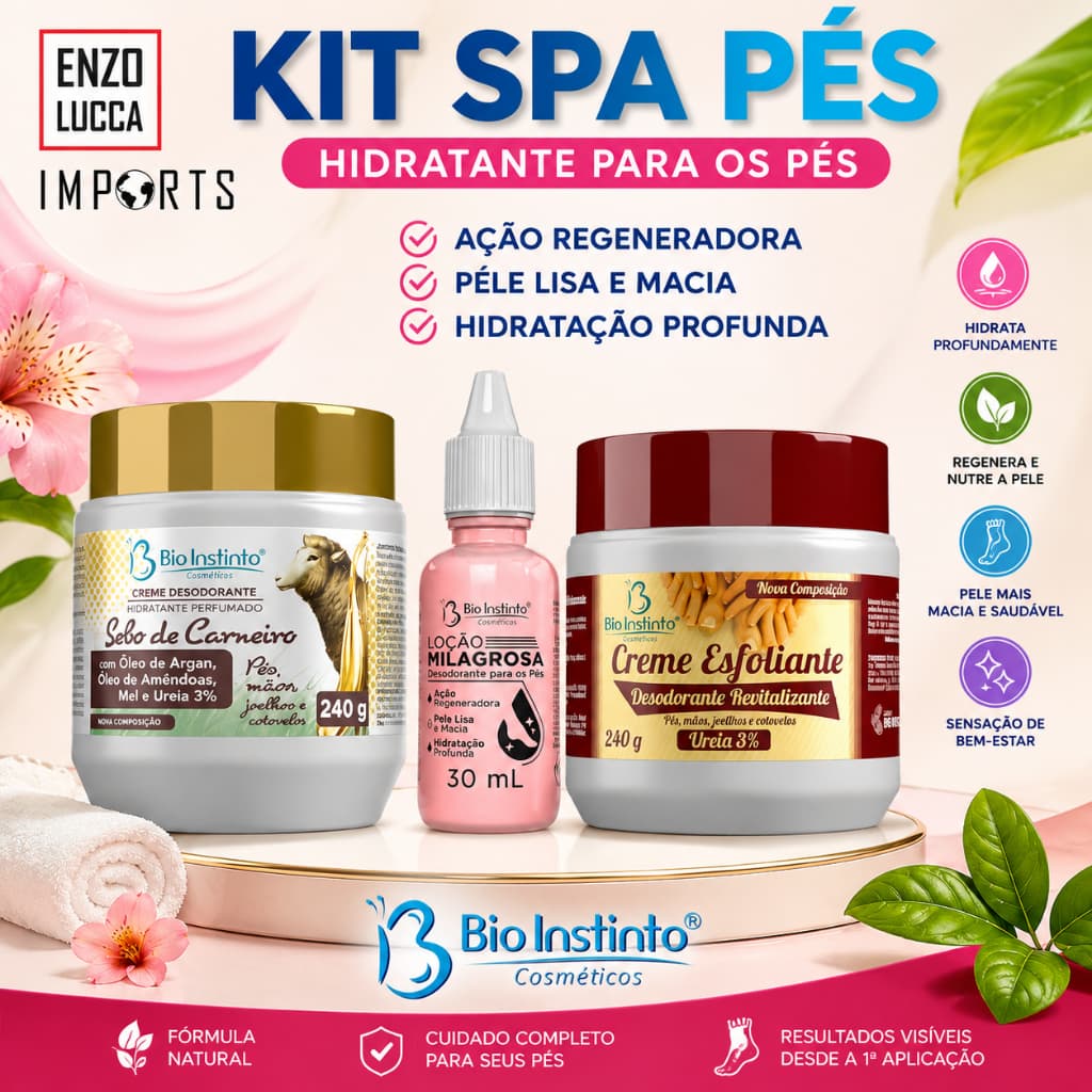 Kit SPA Pés - Hidratação completa para os pés -  1 Sebo  Argan 240g + 1 Esfoliante 240g + 1 Loção Milagrosa 30ml Bio Ins