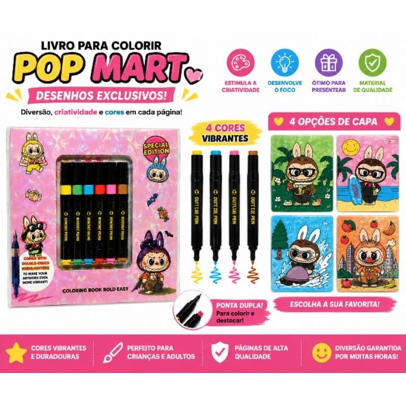 Livro para Colorir Pop Mart + 6 Canetinhas Coloridas | Kit Criativo Infantil