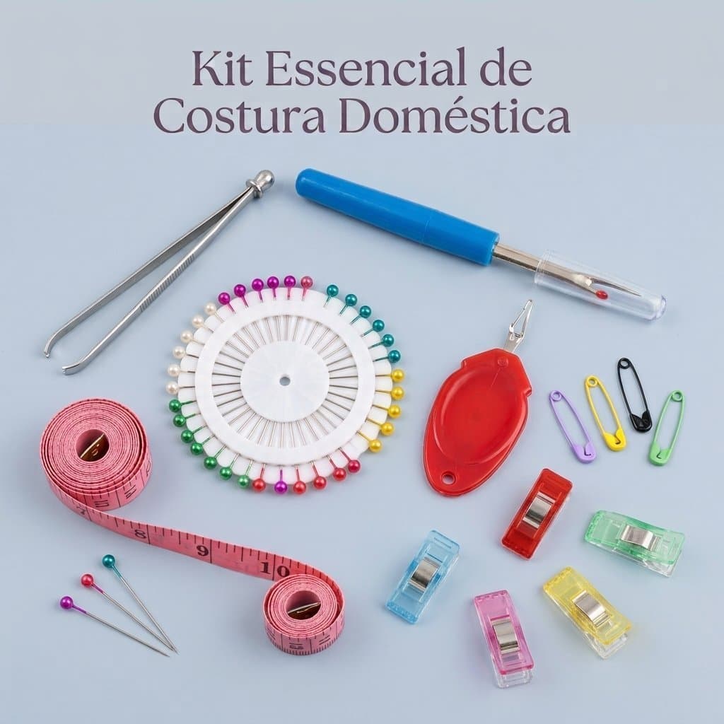 Kit Costura Essencial, Fita Métrica, Prendedores Coloridos,Passador de Linha, Fitas, Elásticos, Desmanchador de Costura
