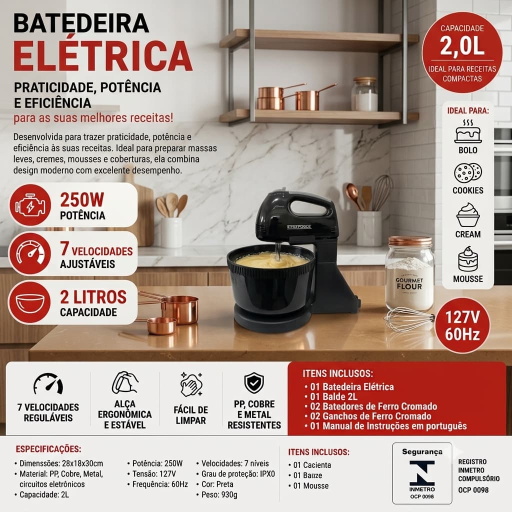 Batedeira Elétrica 127V com Balde 2L - Preta batedeira de fazer bolo e massas