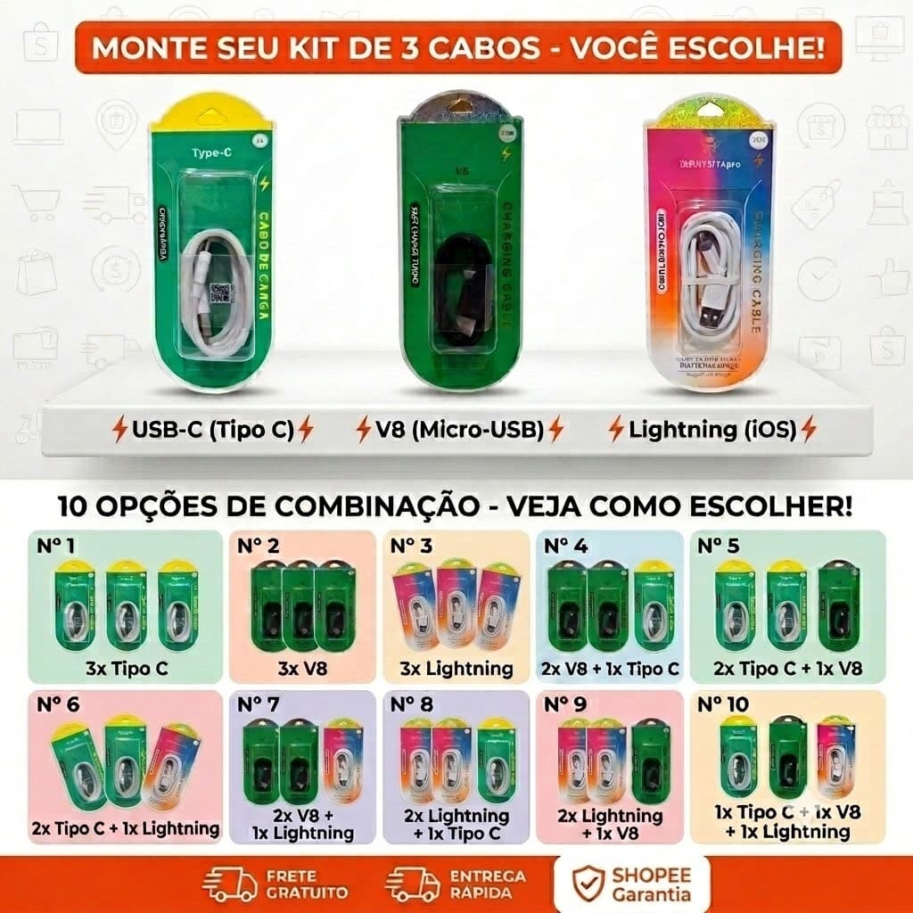 Kit Atacado 3 Cabos Celular Reforçados Carregamento Rápido (V8, Tipo C ou iPhone iOS) - Escolha o Seu!