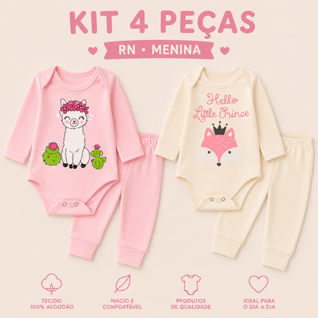 Kit 4 Peças Bebê Menina RN 2 Body Manga Longa + 2 Calças Algodão Enxoval Recém-Nascido
