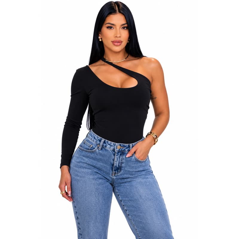 Body Feminino Assimétrico Ombro Único com Recorte no Busto em Poliamida | Sem Bojo | Alta Elasticidade | Proteção UV