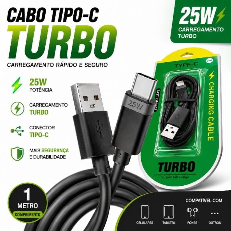Cabo USB Tipo C 25W Turbo 1 Metro Carregamento Rápido Fast Charge Qualidade Premium Turbo