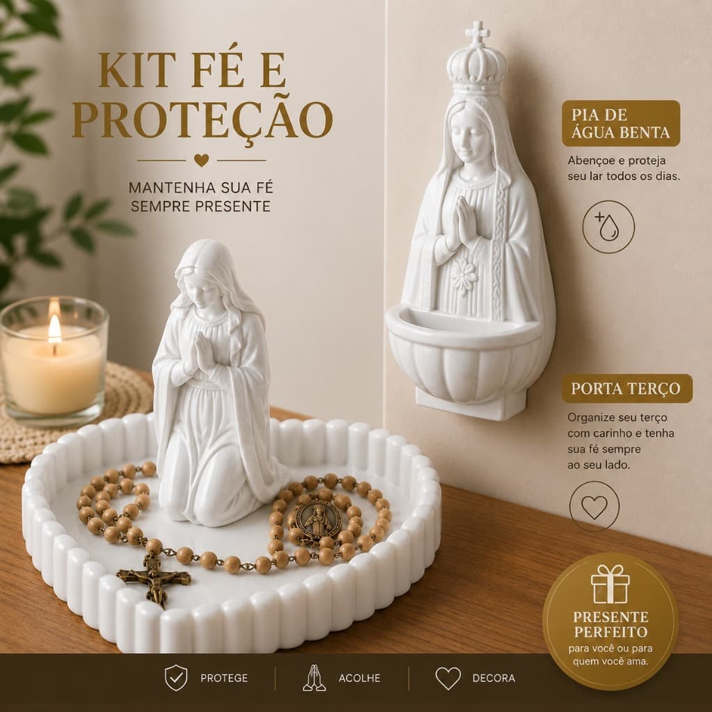 Kit Religioso Católico Porta Terço e Pia de Água Benta Nossa Senhora Aparecida