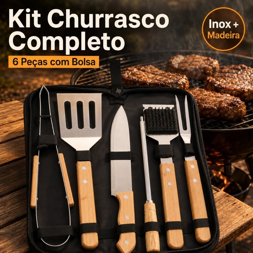 Kit Churrasco Completo 6 Peças com Bolsa Inox e Madeira para Cozinha e BBQ