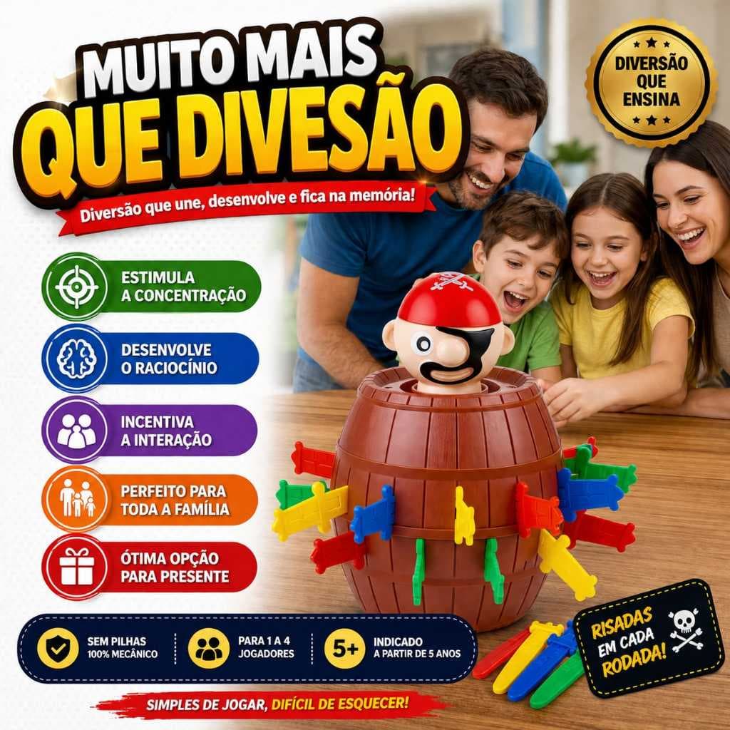 Jogo Barril Pula Pirata Brinquedo Interativo Educativo Infantil de Mesa Diversão 16 Adagas Espada