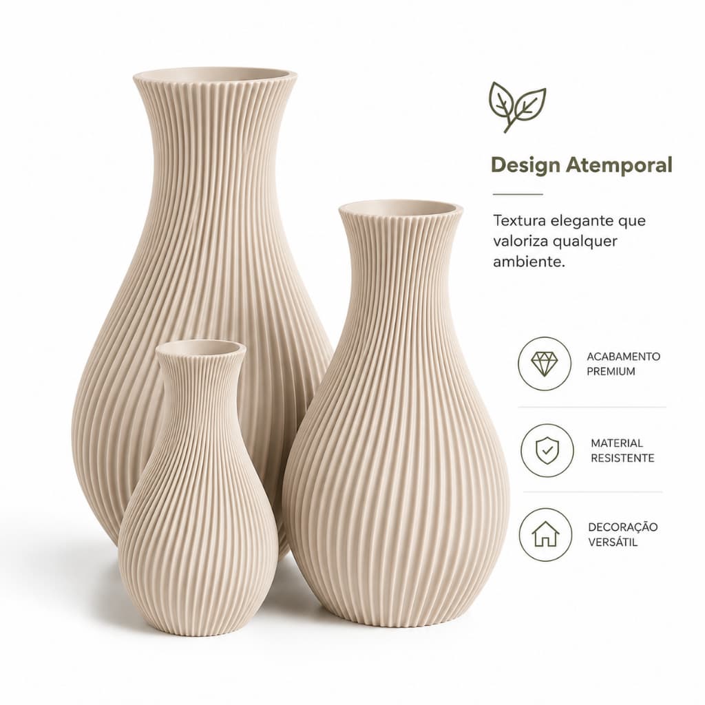 Kit 3 Vasos Decorativos Modernos Texturizados Premium Para Sala Mesa e Aparador