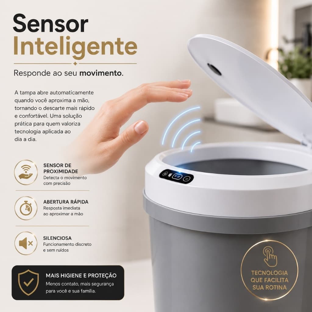 Lixeira Sensor Proximidade Automatica 5 Litros Redonda Cinza Compacta Higienica Moderna