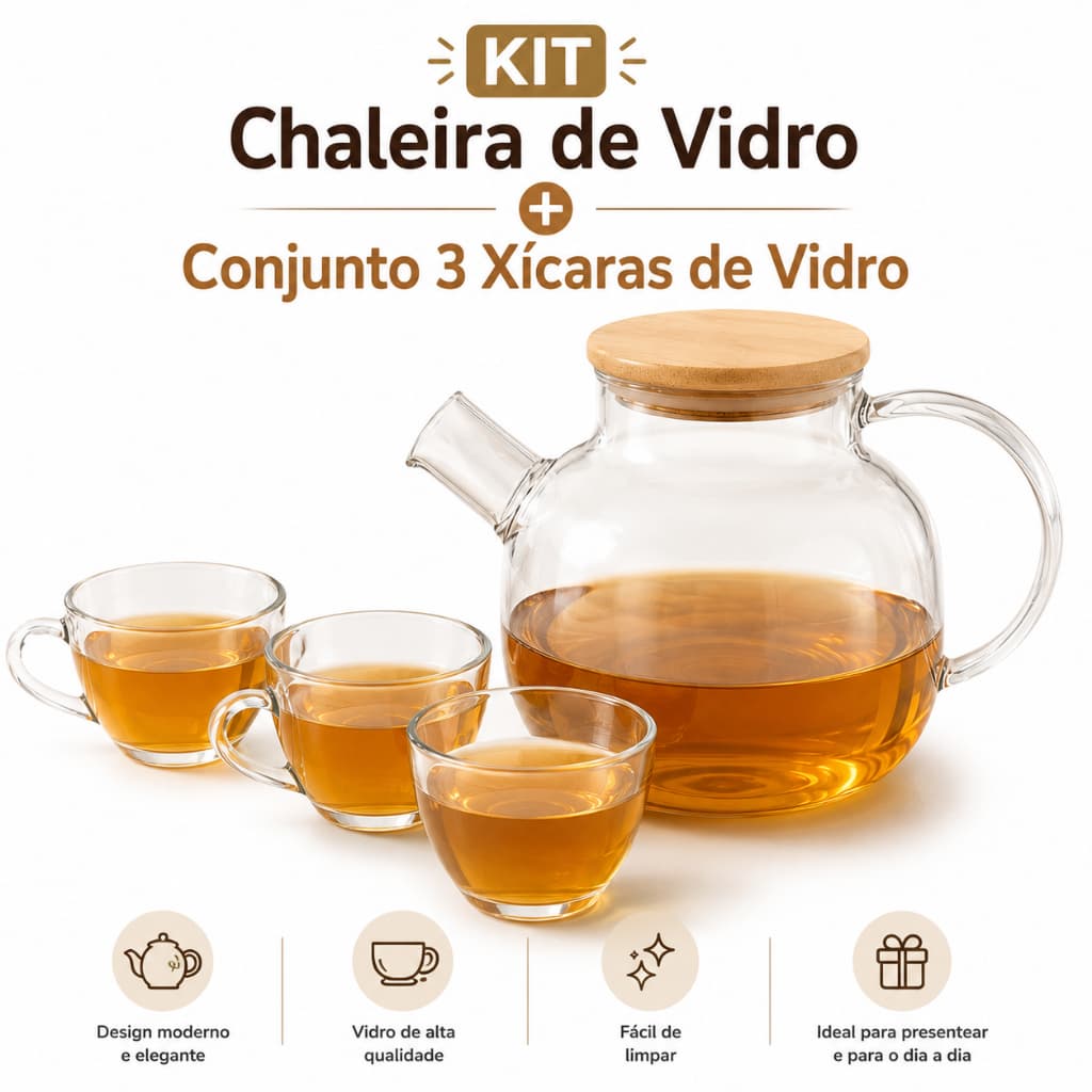Kit Chaleira de Vidro Borossilicato + 3 Xícaras para Fogão com Filtro Inox e Tampa de Bambu 1000ml