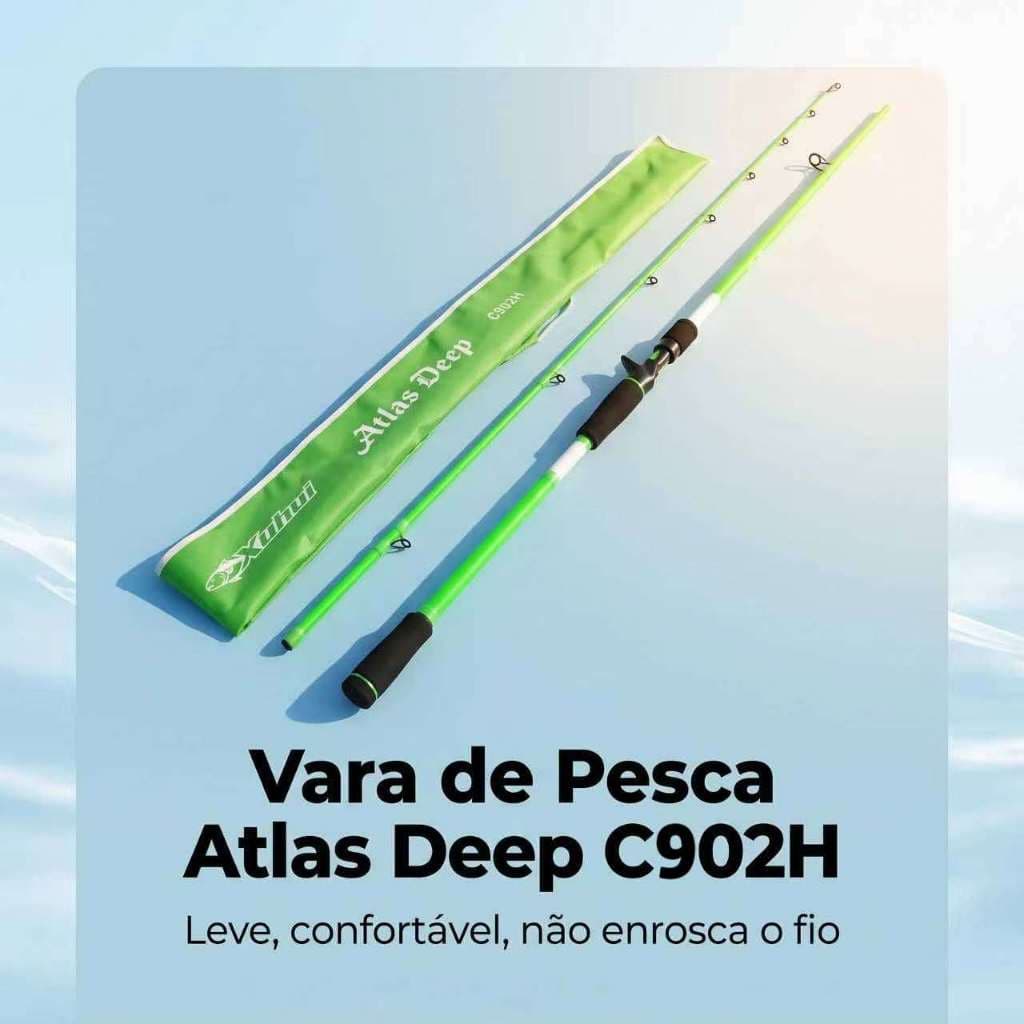 Vara de pesca Atlas Deep C902H verde brilhante, duas seções, com bolsa de armazenamento.