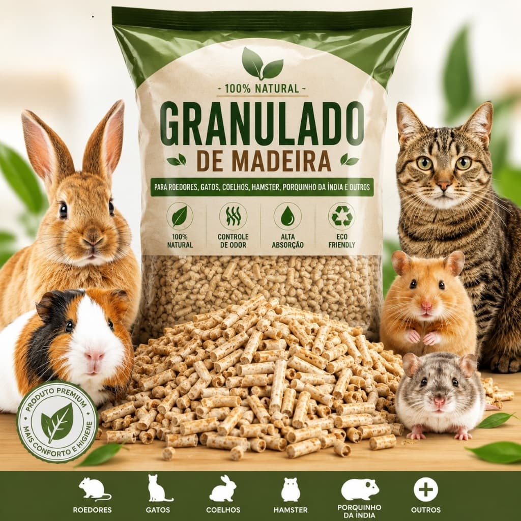 Granulado de Madeira 10KG para Gatos Hamster Coelho Roedores Antiodor Alta Absorção Sem Poeira Biodegradável Natural