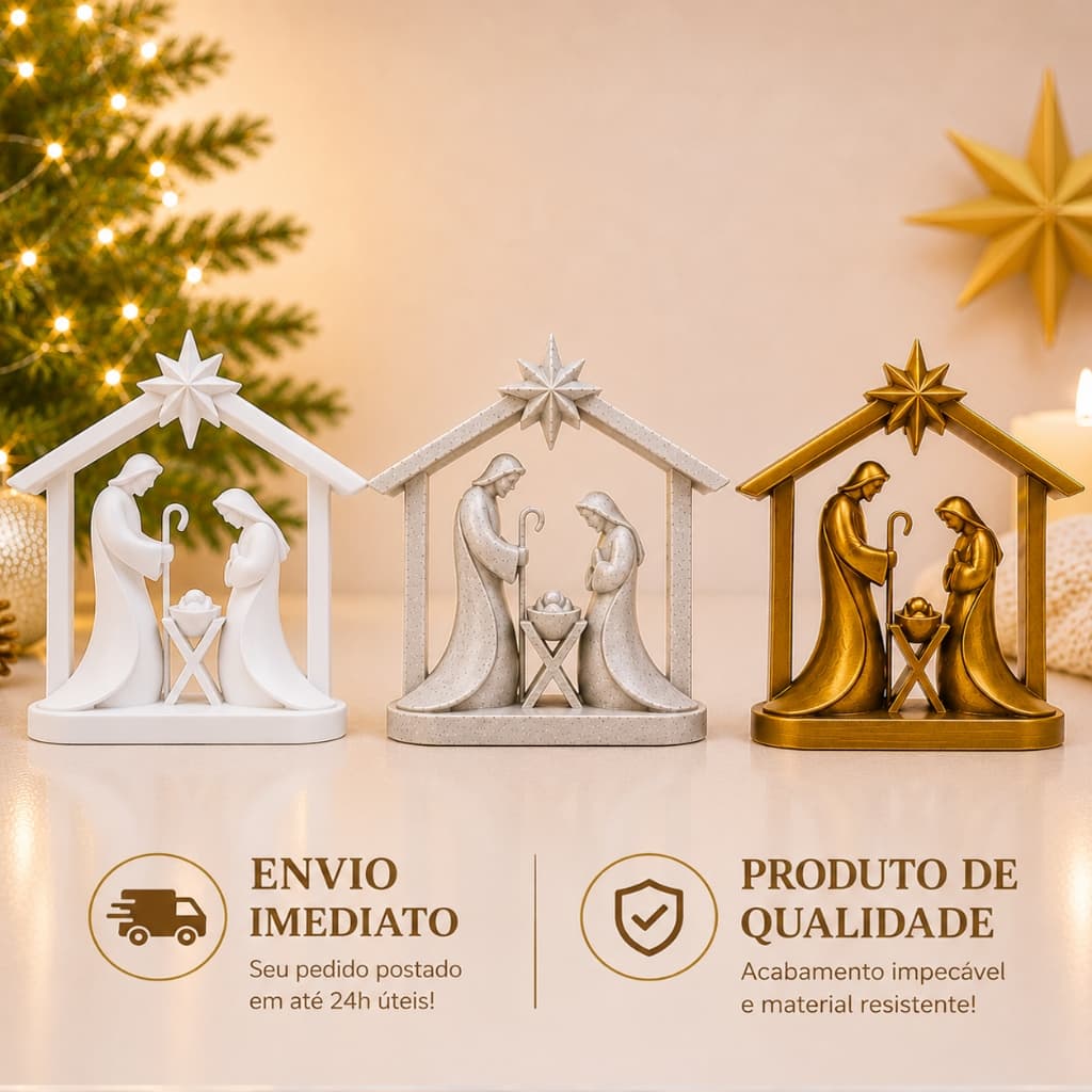 Presépio Minimalista Decorativo 12cm ou 16cm | São José, Maria e Menino Jesus | Branco, Marmorizado ou Ouro Velho