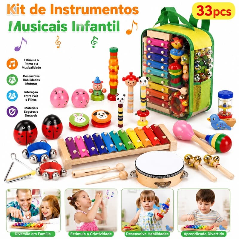 Kit Instrumentos Musicais Infantil 16/33 Peças Brinquedo Educativo Percussão Para Crianças Musicalização Camewin