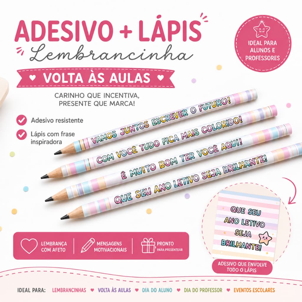 Adesivo para Lápis + Lápis Grafite | Lembrancinha Volta às Aulas | Pronta Entrega