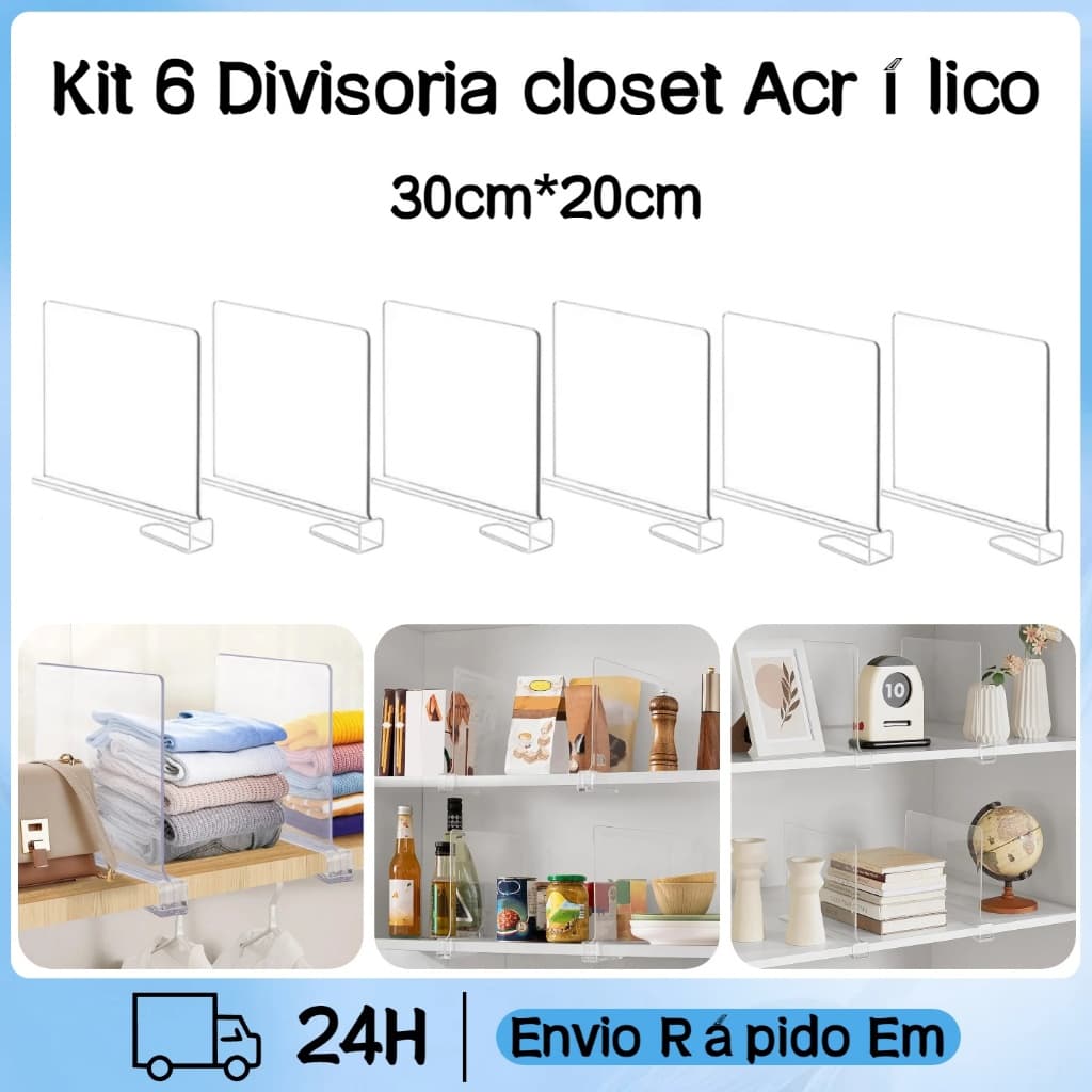 Kit 6 Divisoria closet Acrílico Prateleira Closet Bolsas Armários Transparente 3MM