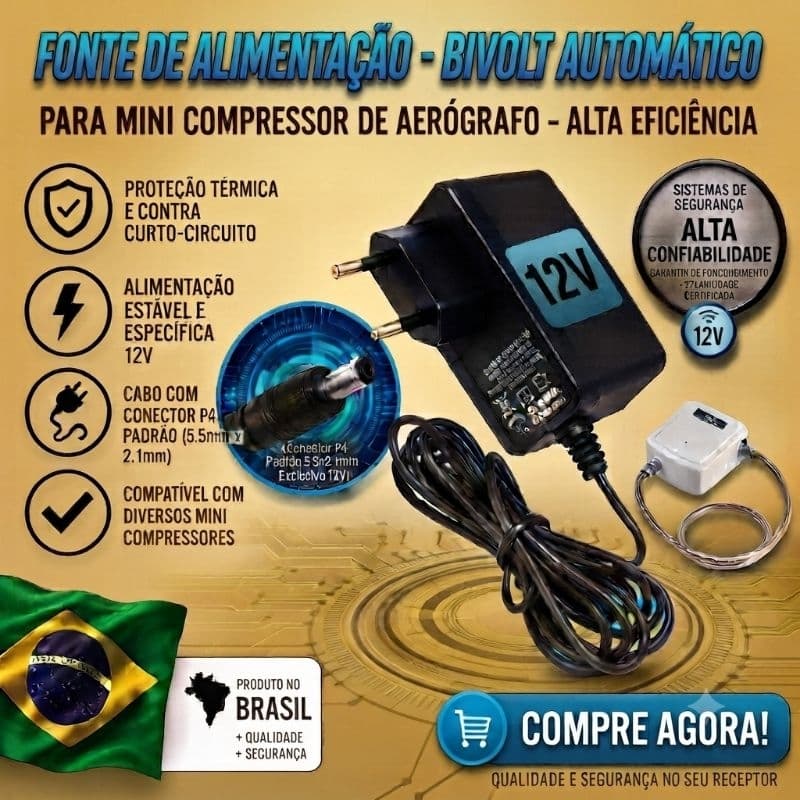 Fonte de Energia para Mini Compressor Aerógrafo 12v 2a