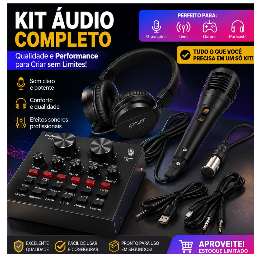 Mesa de Som V8  Interface de Áudio + Microfone Profissional + Fone para Live Podcast Gravação Stre