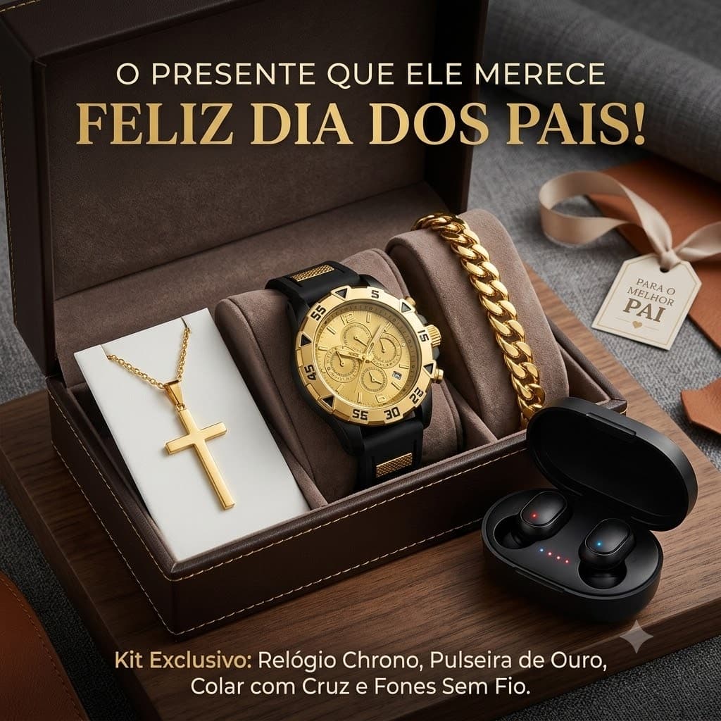 Presente Dia dos Pais Relógio Masculino + Pulseira + Colar com Cruz + Fone Bluetooth Luxo
