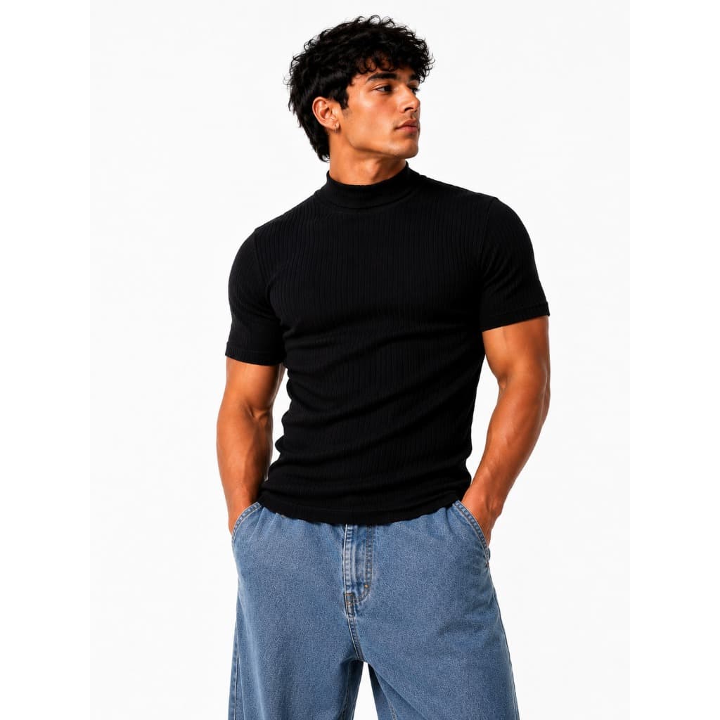 Camiseta Masculina Canelada Gola Alta Manga Curta Slim Malha Canelada Blusa Masculina Básica Lisa Premium