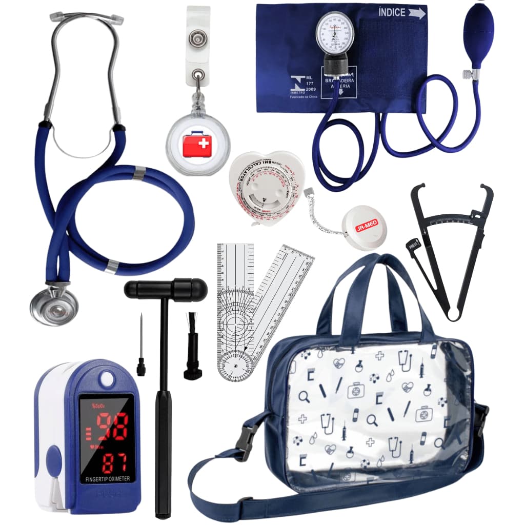 Kit Fisioterapia Estetoscópio Esfigmomanometro Martelo Buck Goniômetro Adipômetro Trena Antropométrica