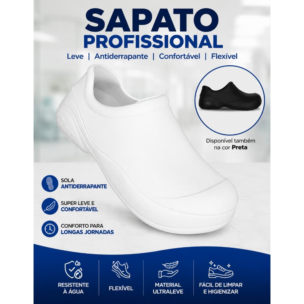 Sapato Babuche Profissional Antiderrapante para Enfermagem Hospital Cozinha Açougue Restaurante Unissex