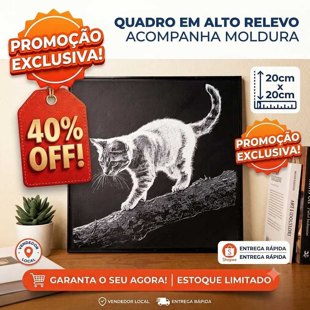 Quadro Decorativo Gato em Alto Relevo 20x20cm com Moldura Preta – Arte 3D Moderna para Sala, Quarto e Escritório