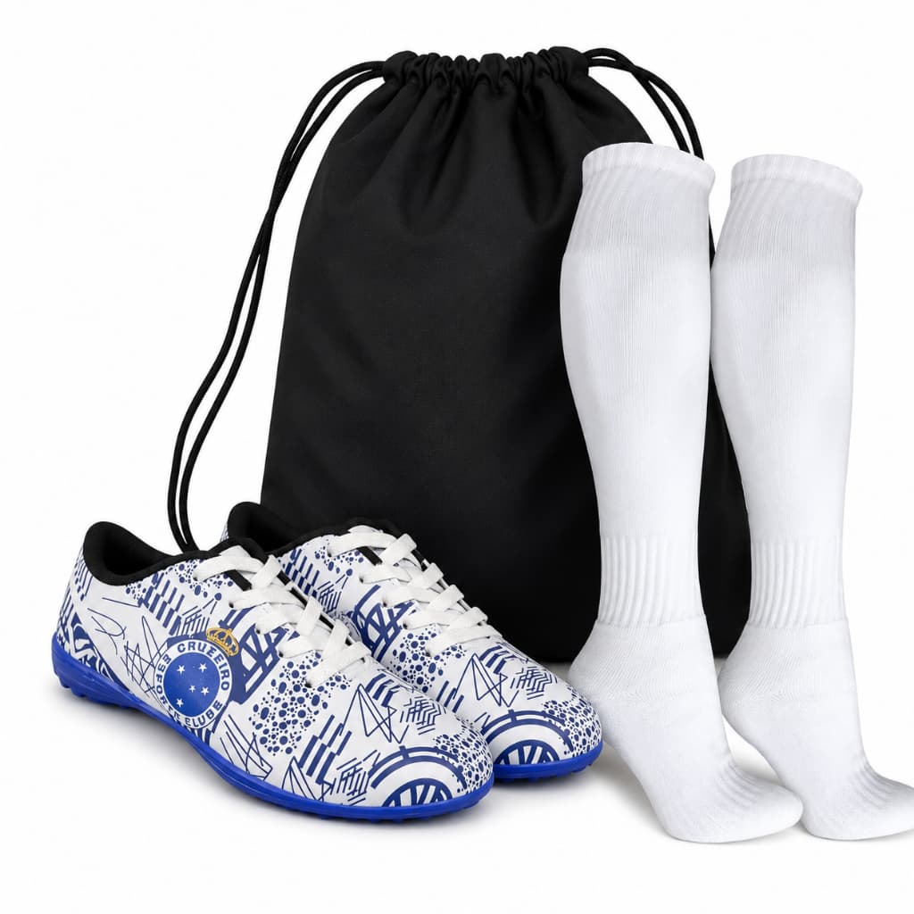 Kit Chuteira Infantil Society Cruzeiro Elite + Meião + Mochila | Confortável | Tam. 28 ao 36
