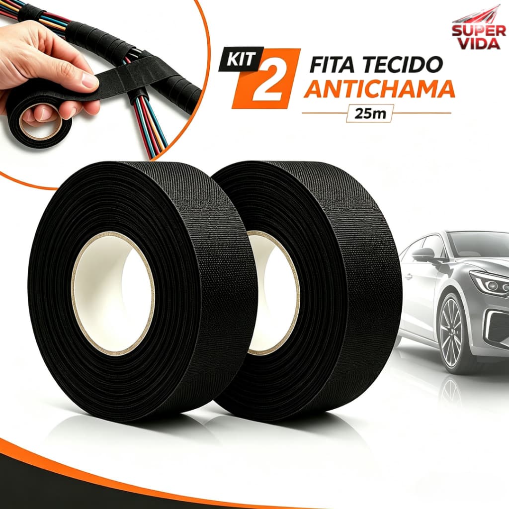 Kit 2 Fita Isolante Tecido Lonada Antichama 25MX19CM Para Chicote Automotivo Fios e Cabos