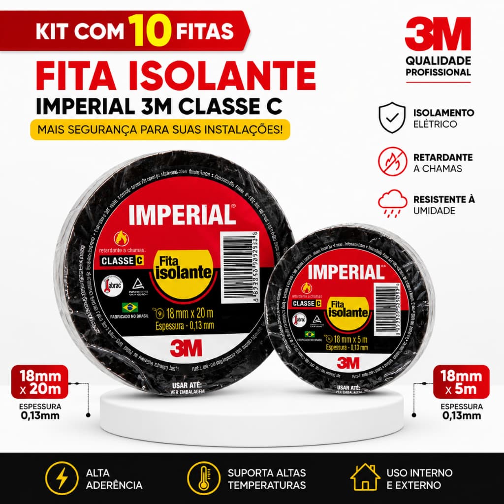 KIT 10 FITA ISOLANTE IMPERIAL 3M 20 METROS E 5 METROS