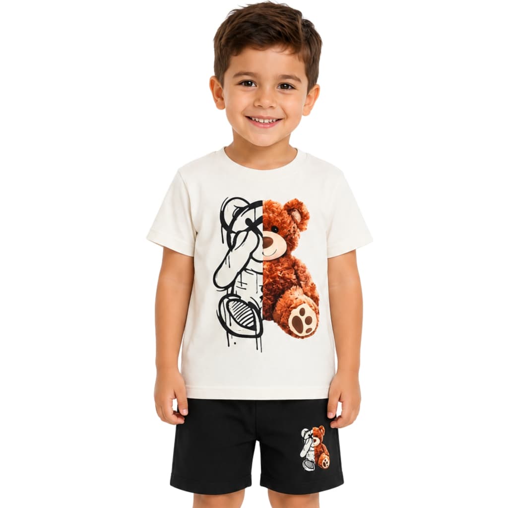 Kit 2 peças masculino infantil estampados x no urso camiseta manga curta + shots casual perfeito para o dia a dia