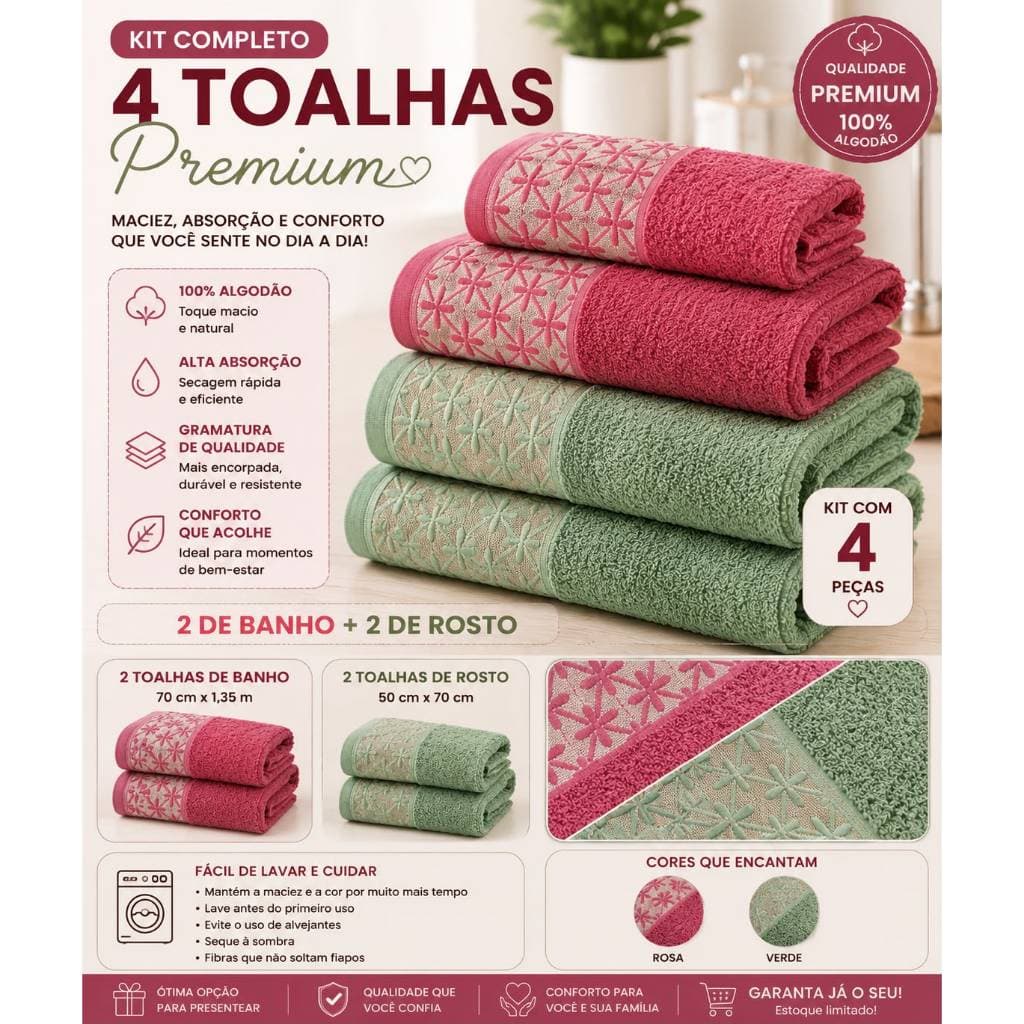 Kit 4 Peças Jogo De Toalha Holly 2Banho+2Rosto 100%Algodão Premium Confort