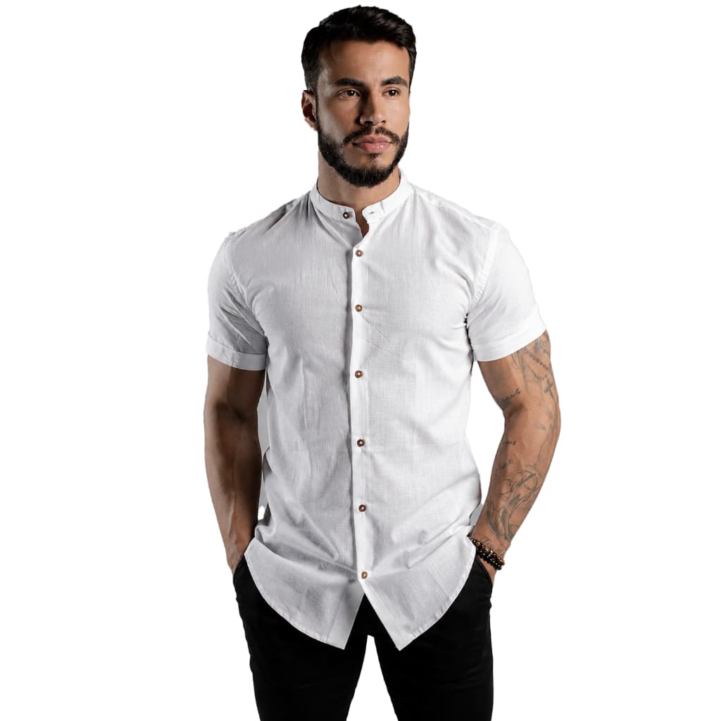 Camisa Social Gola Padre Linho Branca Manga Curta Masculina