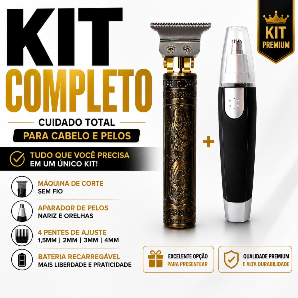 Kit Máquina de Cortar Cabelo Dragão Sem Fio + Aparador de Nariz Presente Dia dos Pais