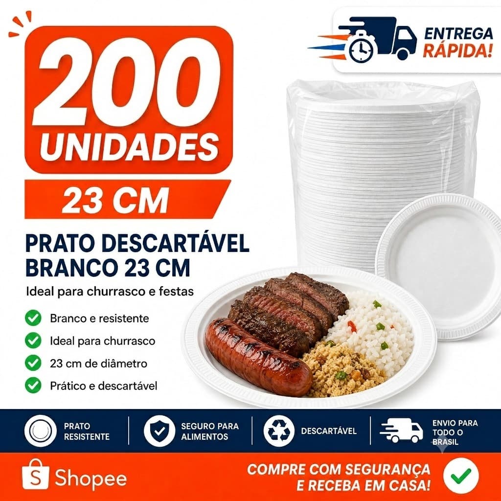 200x Prato Descartável de Isopor Térmico Raso Branco 23cm Refeição Churrasco/Aniversário/Eventos