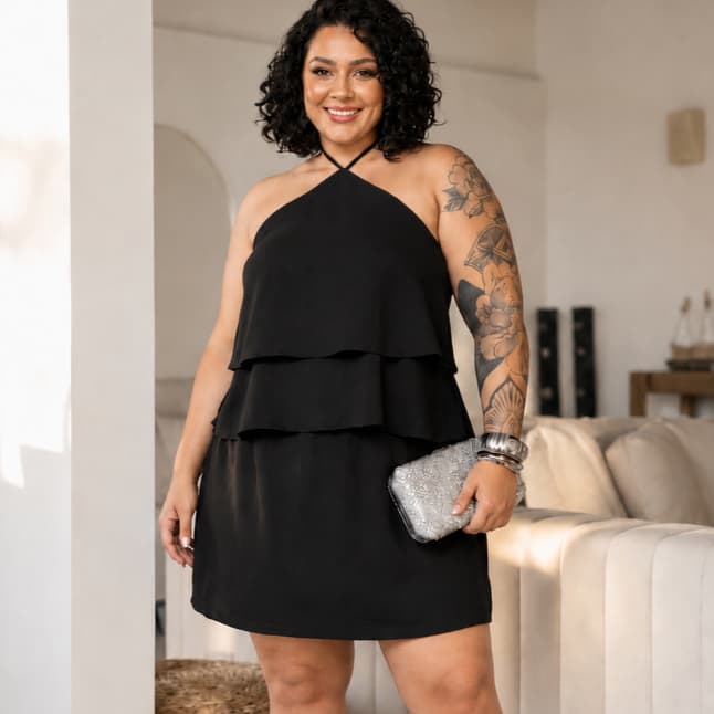 Conjunto Macaquinho Vestido Plus Size Frente Única com Babados Feminino Elegante Crepinho