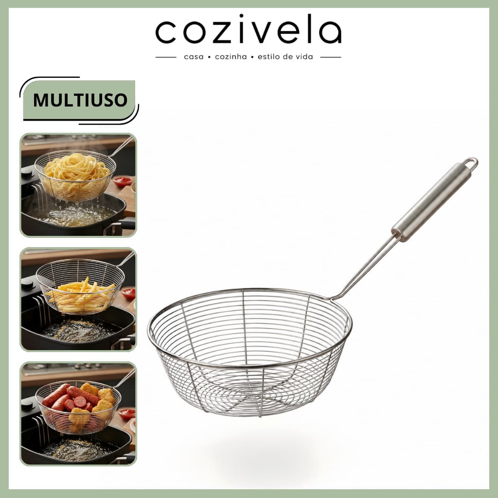 Peneira Escumadeira Inox para Frituras e Macarrão - Drena Óleo e Água