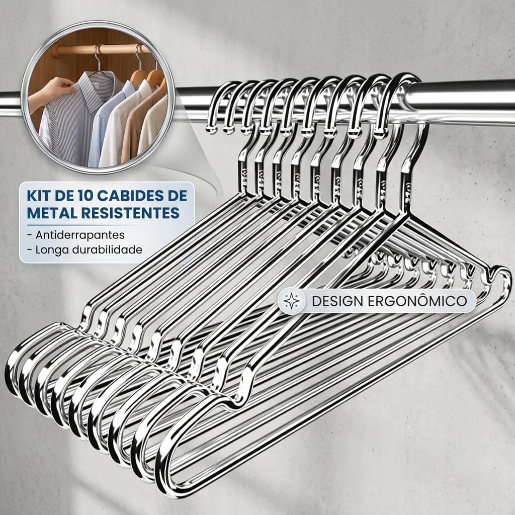 10 Cabides Aço Inoxidável Cromado Adulto Reforçado Resistente Antiferrugem Organização Guarda Roupa