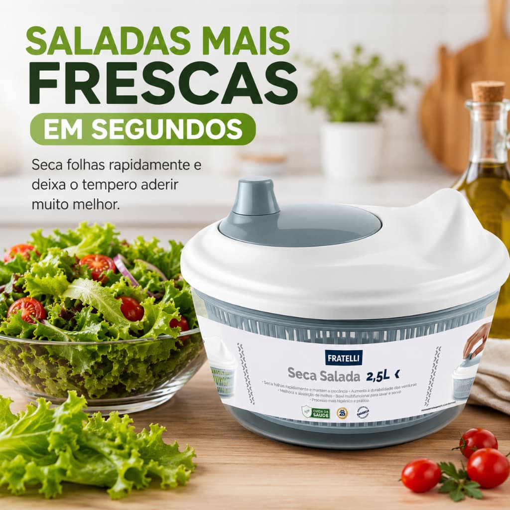 Seca Folhas Salada 2,5L Centrífuga Manual Escorredor Verduras Bowl Multifuncional Cinza
