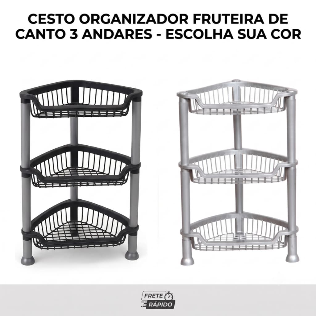 Cesto Organizador Fruteira de Chão 3 Andares Triangular de Canto Empilhável Multiuso Cozinha Banheir