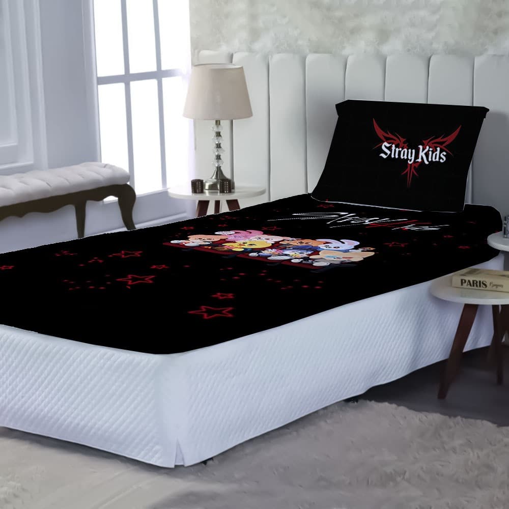 Kit Lençol + Fronha Microfibra Premium Tema STRAY KIDS black Estampa Infantil Sublimado