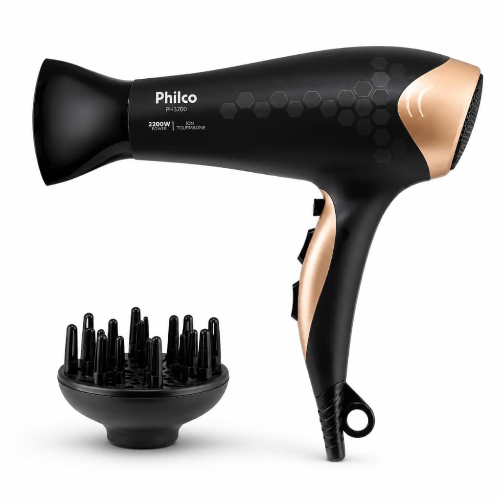 Secador de Cabelo Philco Ions Gold / Rosa  2200W Bivolt com Íons Tourmaline e Chave Seletora de Voltagem