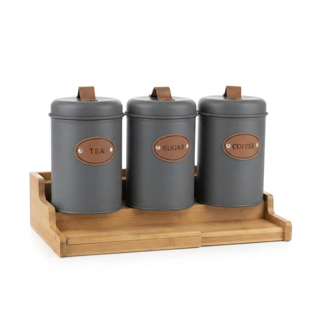 Jogo 3 Latas Organizadoras Cozinha Inox Cinza Hermético Porta Mantimentos Condimentos Alça Couro Decoração