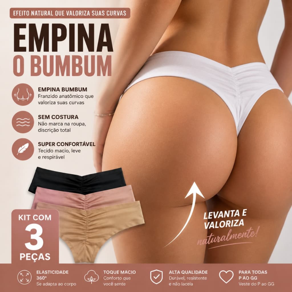 Kit 3 Calcinhas Empina Bumbum Sem Costura Fio Duplo Franzida Confortável Premium P ao GG