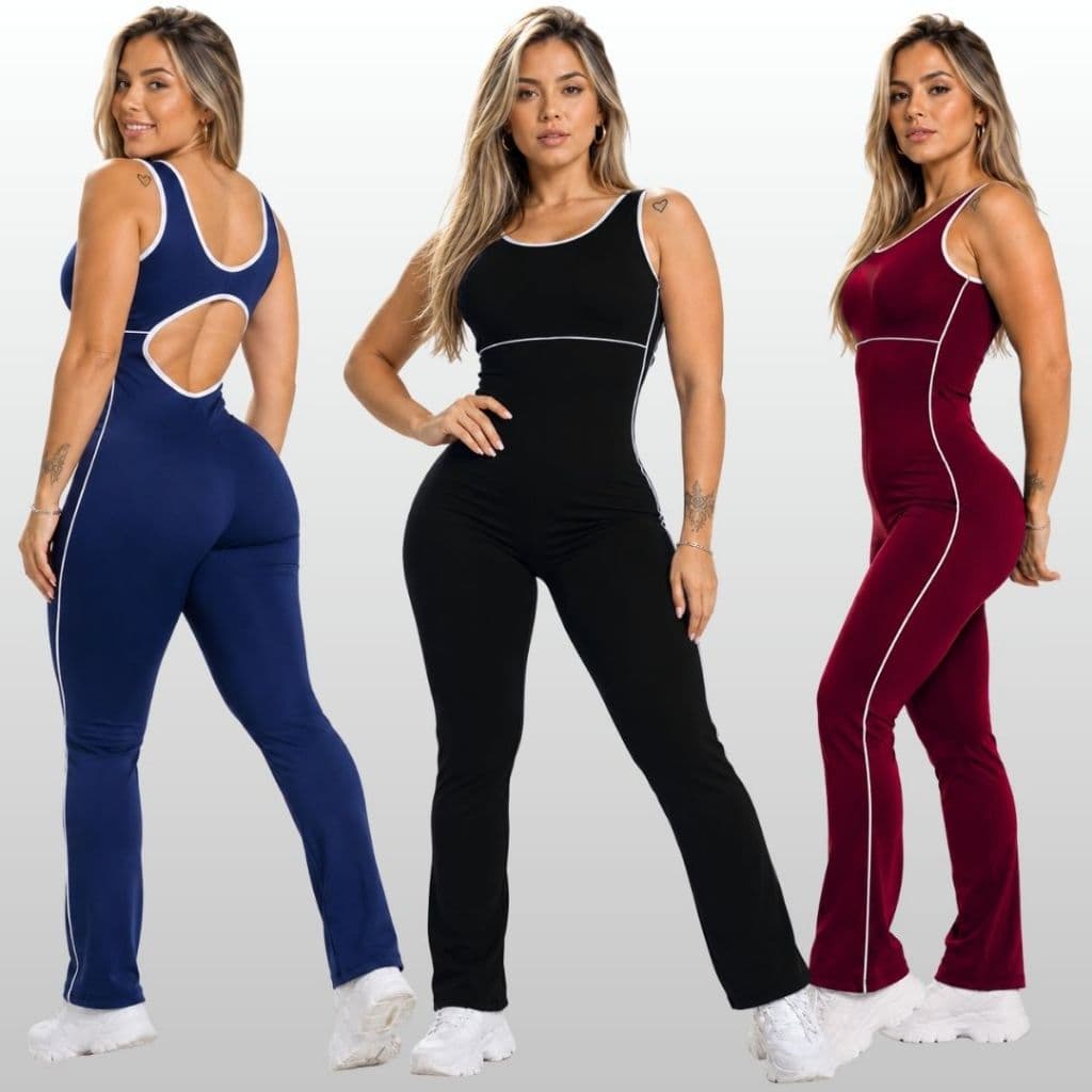 Macacão Fitness Feminino Calça Flare Recorte Costas Nuas Roupa de Academia Treino